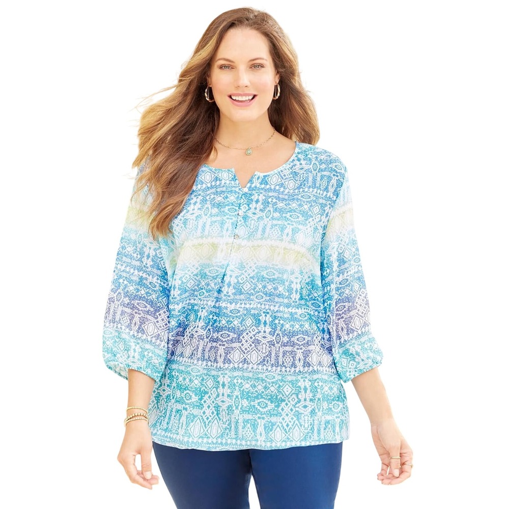 Catherines Plus Size 18/20W Top 1X Blue Ombre Tribal 3/4 Sleeve Office 404